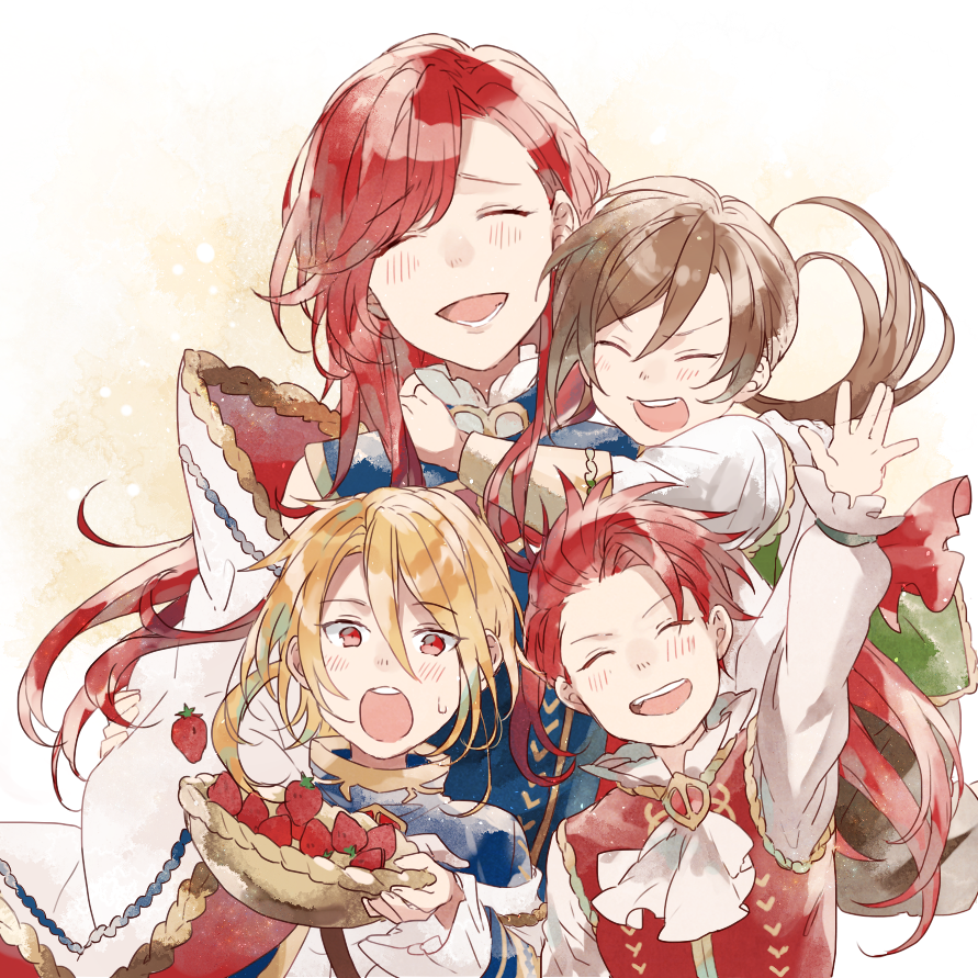 1girl 3boys aglovale_(granblue_fantasy) blonde_hair blush brothers brown_hair closed_eyes family food fruit granblue_fantasy herzeloyde_(granblue_fantasy) hug lamorak_(granblue_fantasy) long_hair mother_and_son multiple_boys open_mouth percival_(granblue_fantasy) red_eyes redhead siblings smile strawberry waltz_(tram) younger