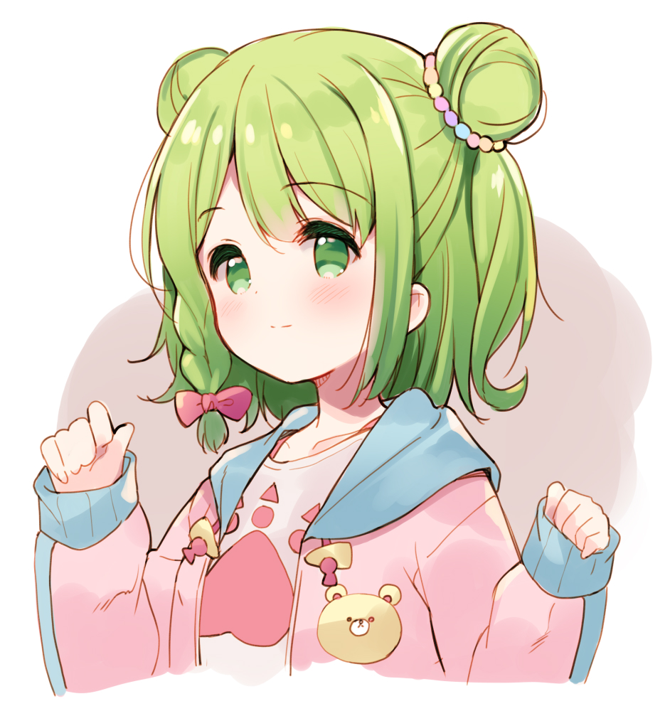 1girl bangs blush bow braid closed_mouth collarbone cropped_torso double_bun drawstring eyebrows_visible_through_hair green_eyes green_hair grey_background hair_bow hands_up hood hood_down hooded_jacket jacket long_sleeves looking_away meito_(maze) morinaka_kazaki nijisanji open_clothes open_jacket pink_bow pink_jacket shirt side_braid single_braid sleeves_past_wrists smile solo two-tone_background upper_body virtual_youtuber white_background white_shirt