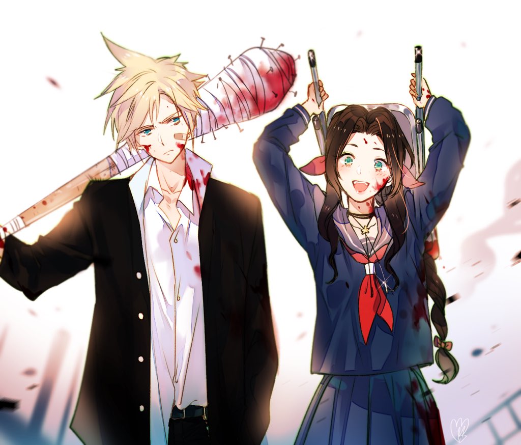 1boy 1girl aerith_gainsborough alternate_costume blonde_hair blood blood_on_face bow brown_hair chair cloud_strife club cowboy_shot expressionless final_fantasy final_fantasy_vii final_fantasy_vii_remake green_eyes holding holding_weapon jewelry lips long_hair looking_at_viewer nail neckerchief necklace open_mouth pink_bow pleated_skirt sailor_collar school_uniform serafuku shell_(shell518) shirt sidelocks skirt weapon white_shirt