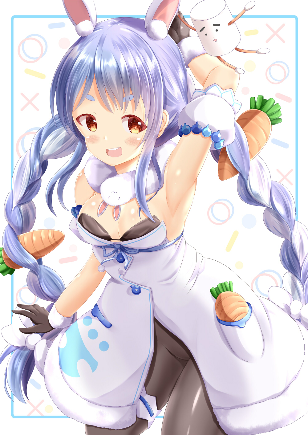 1girl animal_ear_fluff animal_ears arm_up armpits bangs bare_shoulders black_bodysuit black_gloves blue_hair bodysuit bodysuit_under_clothes bow braid breasts brown_eyes carrot_hair_ornament commentary_request detached_sleeves don-chan_(hololive) dress eyebrows_visible_through_hair food_themed_hair_ornament fur-trimmed_dress fur-trimmed_gloves fur_trim gloves hair_bow hair_ornament highres hololive long_hair medium_breasts multicolored_hair puffy_short_sleeves puffy_sleeves rabbit_ears short_eyebrows short_sleeves strapless strapless_dress thick_eyebrows twin_braids twintails two-tone_hair usada_pekora v-shaped_eyebrows very_long_hair virtual_youtuber white_background white_bow white_dress white_hair white_sleeves zenon_(for_achieve)