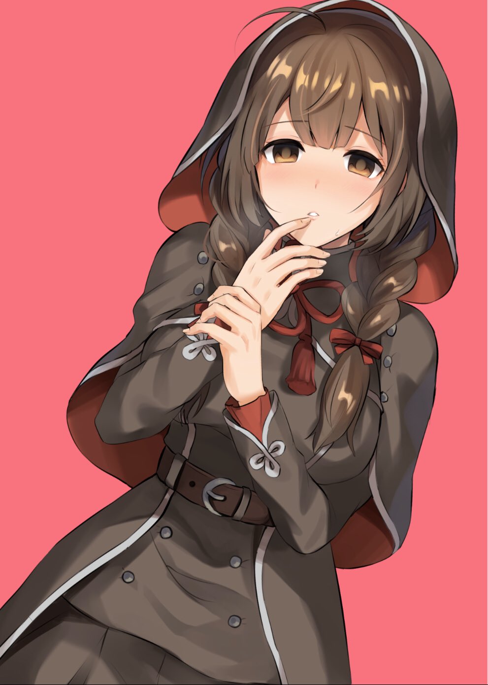 1girl ahoge belt black_capelet black_dress braid breasts brown_belt brown_hair capelet cowboy_shot dress highres hood hood_up hooded_capelet kantai_collection large_breasts long_hair pleated_dress red_background red_ribbon ribbon senbei_(senbe_i) shinshuu_maru_(kantai_collection) twin_braids