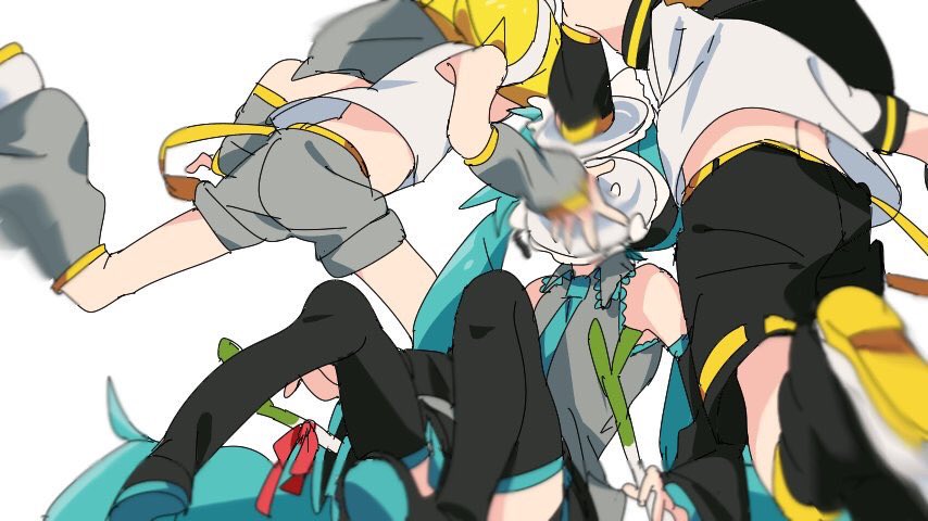 1boy 2girls aqua_hair aqua_neckwear bare_shoulders black_collar black_legwear black_shorts black_skirt black_sleeves blonde_hair blurry_foreground collar covered_face crop_top detached_sleeves falling food from_behind grey_collar grey_legwear grey_shirt grey_shorts hairband hatsune_miku headphones headset holding holding_plate holding_spring_onion iihoneikotu kagamine_len kagamine_rin leg_warmers long_hair miniskirt motion_blur multiple_girls necktie pie plate red_ribbon ribbon running sailor_collar school_uniform shirt short_hair short_shorts short_sleeves shorts skirt sleeveless sleeveless_shirt spring_onion thigh-highs twintails very_long_hair vocaloid white_background white_shirt zettai_ryouiki