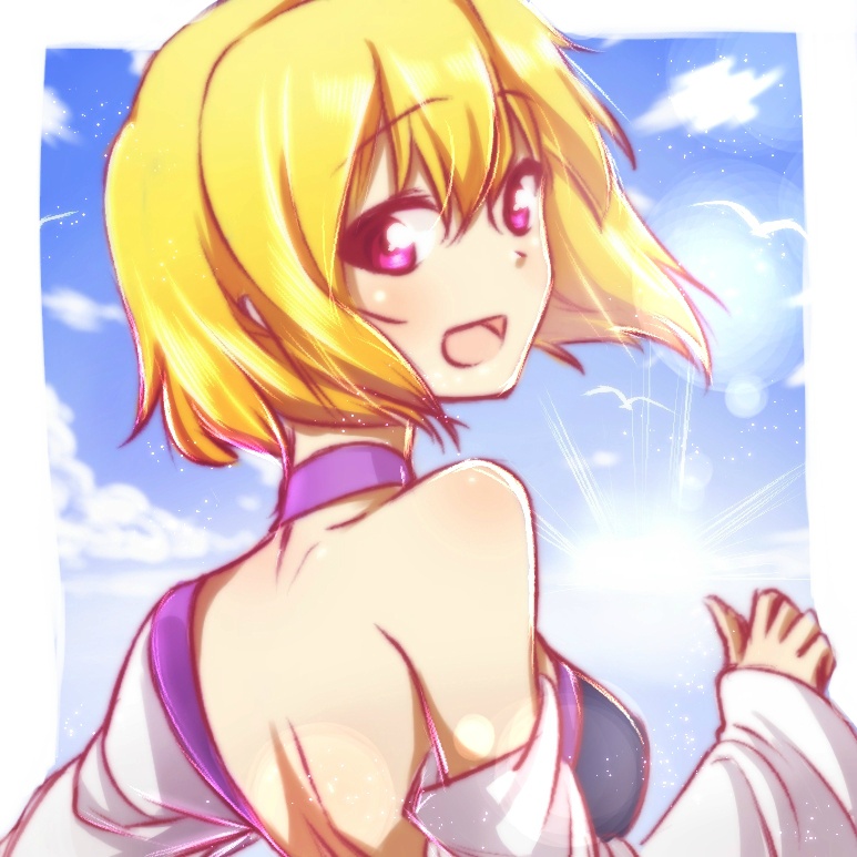 1girl :d bangs blonde_hair day eyebrows_visible_through_hair floating_hair from_behind gundam gundam_seed gundam_seed_destiny hair_between_eyes long_sleeves looking_back morihaw open_mouth outdoors pink_eyes shiny shiny_hair short_hair shoulder_blades smile solo stellar_loussier sunlight upper_body