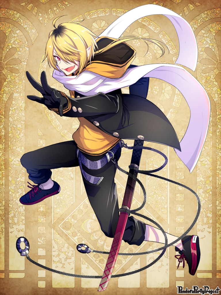 1boy belt black_gloves black_hair blonde_hair copyright_name fang fighting_stance full_body gloves hair_over_one_eye hood hood_down long_hair long_sleeves looking_at_viewer male_focus morino_bambi multicolored_hair pandora_party_project red_eyes scarf sheath sheathed solo two-tone_hair white_scarf
