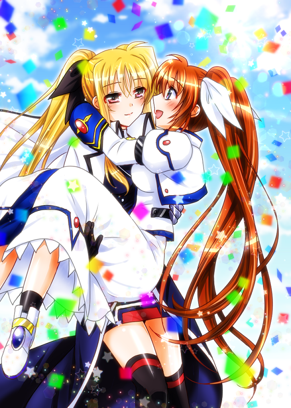 2girls :d arm_around_neck asymmetrical_gloves bangs black_bow black_gloves black_legwear blonde_hair blue_eyes blue_sky blurry_foreground blush bow brown_hair carrying closed_mouth couple eye_contact eyebrows_visible_through_hair fate_testarossa gloves hair_between_eyes hair_bow jacket long_hair long_skirt long_sleeves looking_at_another lyrical_nanoha miniskirt multiple_girls nanashiki open_mouth outdoors pencil_skirt princess_carry red_eyes red_skirt shiny shiny_hair skirt sky smile socks takamachi_nanoha thigh-highs twintails very_long_hair white_bow white_footwear white_jacket white_skirt yuri