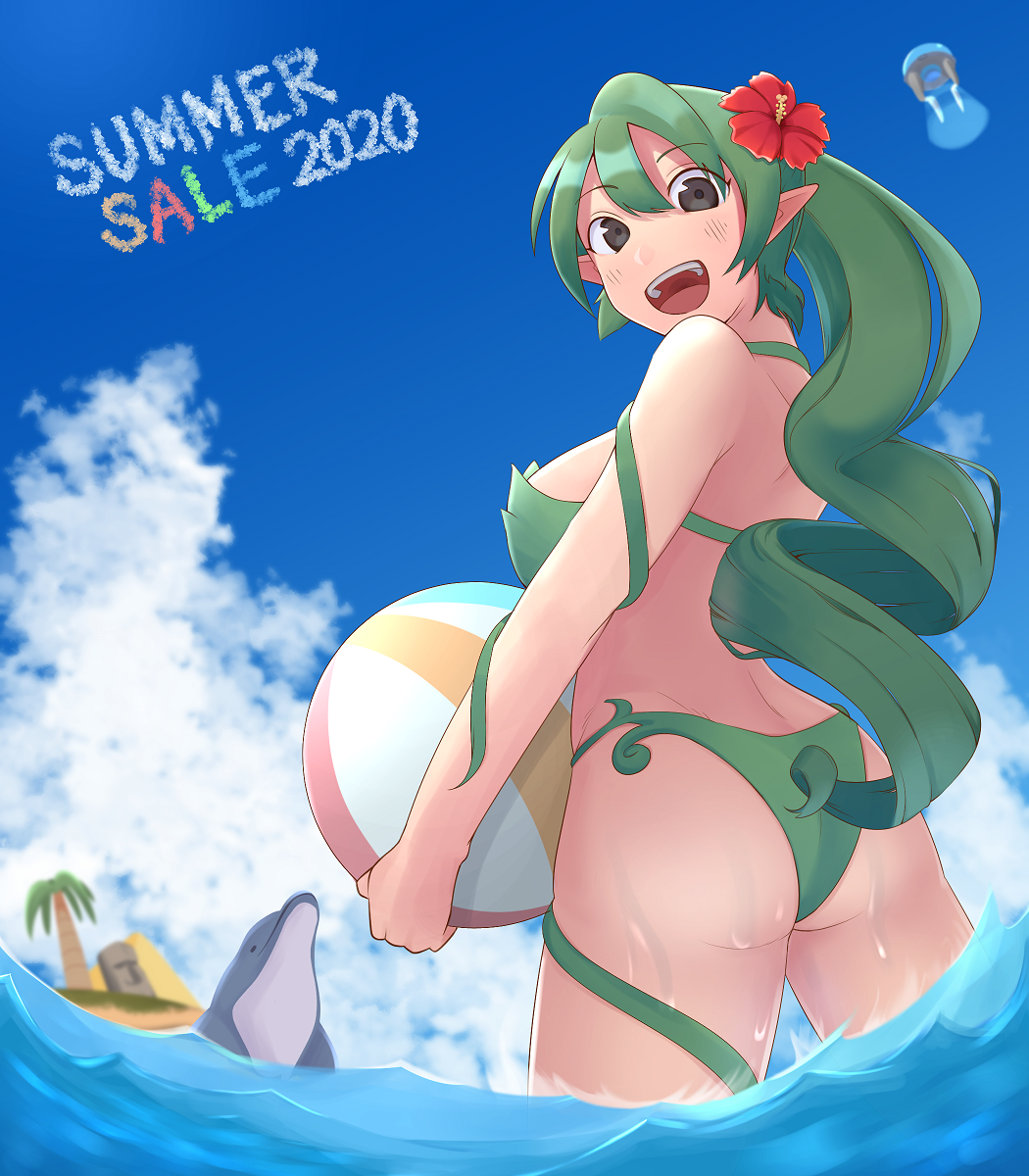 1girl ass ball beach beachball dolphin dryad dryad_(terraria) flower green_hair grey_eyes hair_flower hair_ornament hibiscus highres ichthys landmark moai monster_girl open_mouth palm_tree plant plant_girl ponytail pyramid smile solo statue swimsuit terraria tree vines