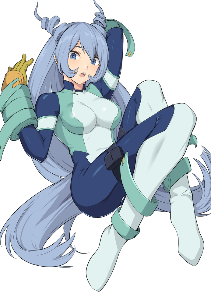 1girl :o bangs blue_bodysuit blue_eyes blue_hair blush bodysuit boku_no_hero_academia boots breasts drill_hair gloves green_bodysuit hadou_nejire light_blue_hair long_hair looking_at_viewer medium_breasts open_mouth shiseki_hirame sidelocks simple_background skin_tight solo superhero teeth very_long_hair white_background white_gloves