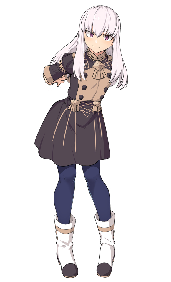 1girl arms_behind_back bangs black_dress blue_legwear blush boots breasts closed_mouth dress fire_emblem fire_emblem:_three_houses garreg_mach_monastery_uniform long_hair long_sleeves looking_at_viewer lysithea_von_ordelia pantyhose shiseki_hirame sidelocks simple_background smile solo violet_eyes white_background white_footwear white_hair