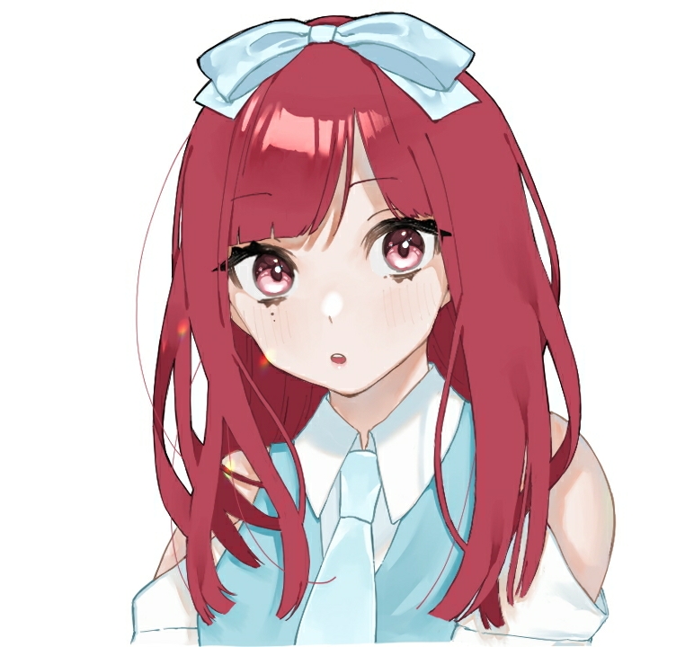 1girl artist_request blue_bow blue_neckwear blue_shirt bow commentary_request eyebrows_visible_through_hair hair_bow long_hair mole mole_under_eye necktie oshi_ga_budoukan_itte_kuretara_shinu pink_eyes redhead shirt shoulder_cutout simple_background solo teramoto_yuuka upper_body white_background wing_collar