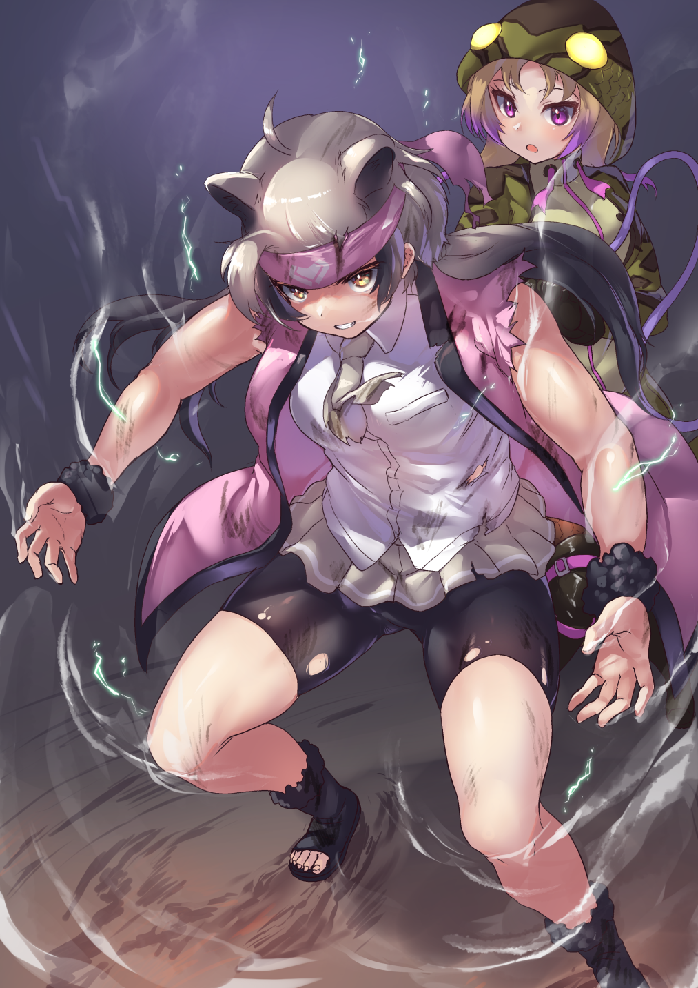 2girls african_rock_python_(kemono_friends) ahoge animal_ears bare_shoulders bear_ears behind_another bike_shorts black_hair blonde_hair brown_eyes burnt burnt_clothes coat drawstring energy extra_ears ezo_brown_bear_(kemono_friends) fighting_stance floating_hair grey_hair grin headband highres holding holding_weapon holding_whip hood hood_up hoodie kemono_friends long_hair looking_at_another microskirt multicolored_hair multiple_girls necktie open_toe_shoes protecting purple_hair shirt shoes shorts shorts_under_skirt skindentation skirt sleeveless sleeveless_coat smile smoke standing tadano_magu toes torn_clothes torn_legwear torn_shirt torn_skirt twintails two-tone_hair violet_eyes weapon whip wrist_cuffs