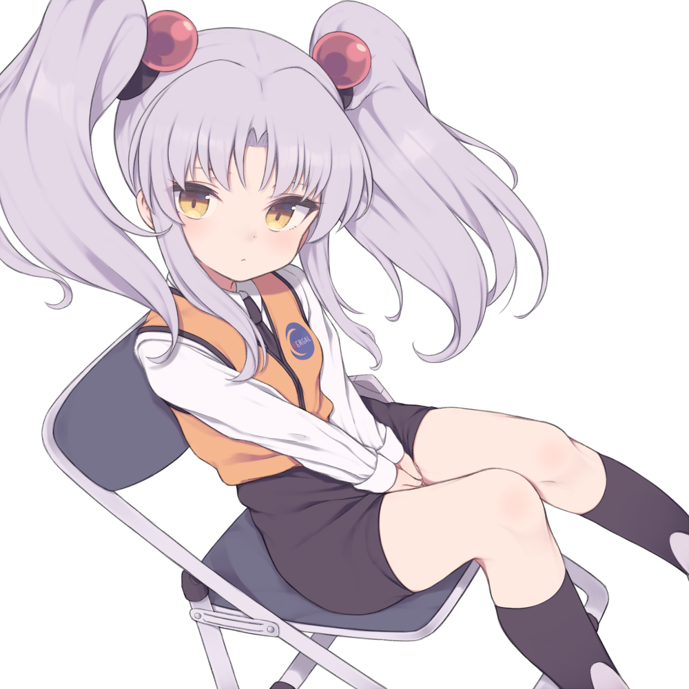 1girl between_legs black_legwear black_neckwear black_skirt brown_eyes chair folding_chair gamuo hair_bobbles hair_ornament hand_between_legs head_tilt hoshino_ruri kidou_senkan_nadesico kneehighs lavender_hair long_hair looking_at_viewer necktie orange_vest shirt simple_background skirt solo thighs twintails uniform v_arms vest white_background white_shirt