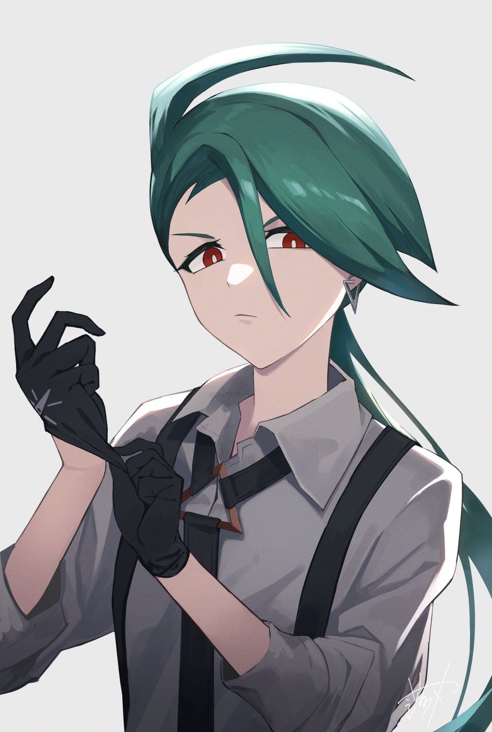 1girl adjusting_clothes adjusting_gloves black_gloves black_necktie bright_pupils closed_mouth collared_shirt commentary_request earrings eyelashes gloves green_hair grey_shirt highres jewelry long_hair namiura necktie pokemon pokemon_(game) pokemon_sv ponytail red_eyes rika_(pokemon) shirt solo suspenders upper_body white_pupils
