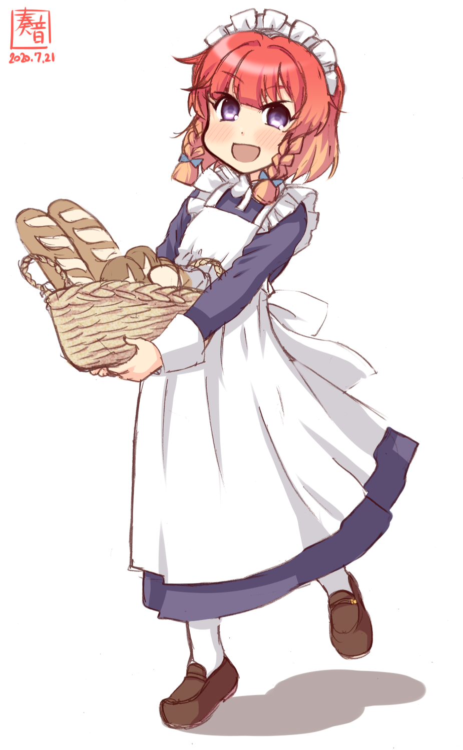 1girl alternate_costume apron artist_logo baguette basket blonde_hair blue_dress bob_cut braid bread brown_footwear commentary_request dated dress enmaided etorofu_(kantai_collection) food frilled_apron frills gradient_hair highres kanon_(kurogane_knights) kantai_collection loafers long_sleeves maid maid_headdress multicolored_hair redhead shoes side_braid simple_background solo twin_braids violet_eyes white_apron white_background white_legwear