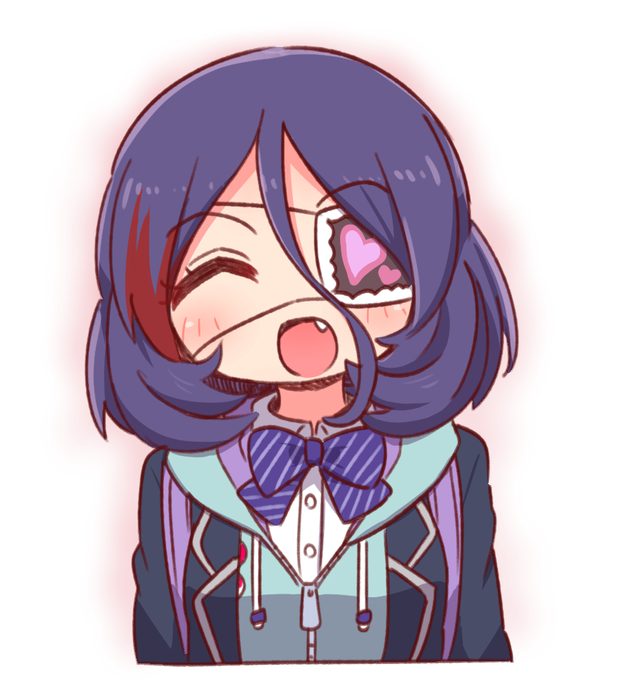 1girl :d ^_^ backpack bag bangs black_jacket blazer blue_bow blue_hair blue_jacket blush bow closed_eyes collared_shirt diagonal_stripes drawstring dress_shirt eyebrows_visible_through_hair eyepatch facing_viewer fang hair_between_eyes hayasaka_mirei heart hood hood_down hooded_jacket idolmaster idolmaster_cinderella_girls jacket multicolored_hair naga_u open_blazer open_clothes open_jacket open_mouth parted_bangs redhead school_uniform shirt smile solo streaked_hair striped striped_bow upper_body white_background white_shirt