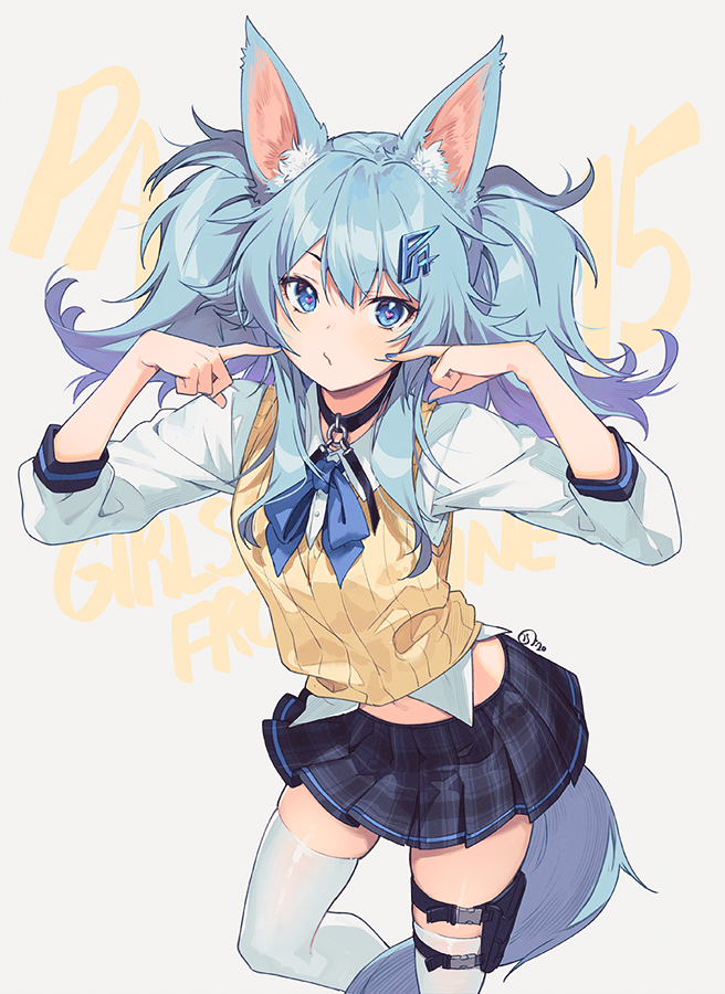 1girl animal_ears black_choker black_skirt blue_eyes blue_hair blue_neckwear bow bowtie choker collared_shirt fox_ears fox_girl fox_tail girls_frontline hair_ornament hands_up heart heart-shaped_pupils kemonomimi_mode leg_belt long_hair long_sleeves looking_at_viewer midriff miniskirt nagu pa-15_(girls_frontline) pleated_skirt pouty_lips school_uniform shirt skindentation skirt solo sweater_vest symbol-shaped_pupils tail thigh-highs twintails white_background white_legwear white_shirt zettai_ryouiki