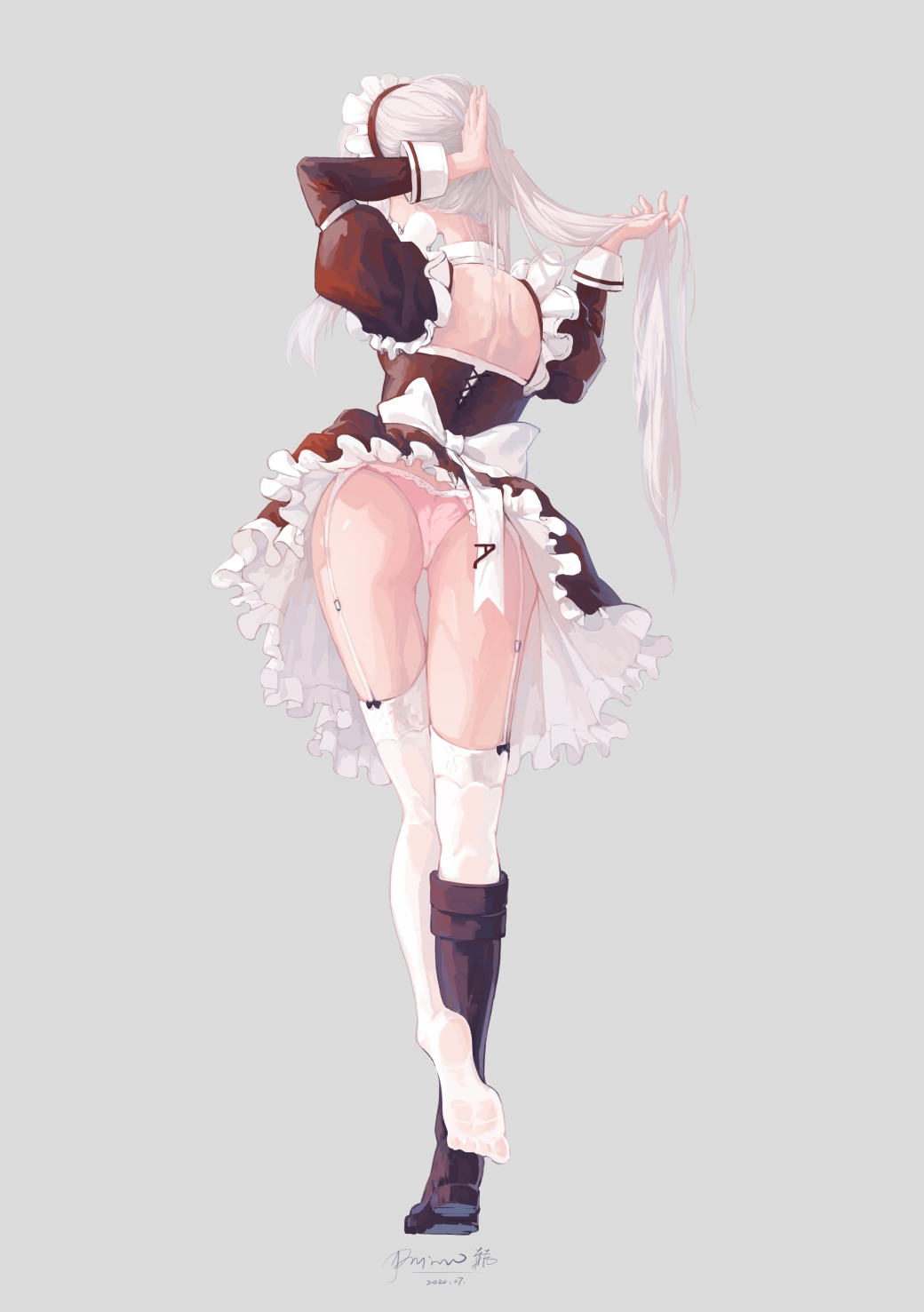 1girl 9a-91_(girls_frontline) apron ass bare_back boots dated dress frilled_dress frills from_behind garter_belt garter_straps girls_frontline grey_background highres kurosawaprynio long_hair maid maid_headdress no_shoes panties playing_with_own_hair puffy_sleeves shoes short_dress shoulder_blades signature simple_background single_shoe soles solo standing standing_on_one_leg thigh-highs underwear upskirt white_hair