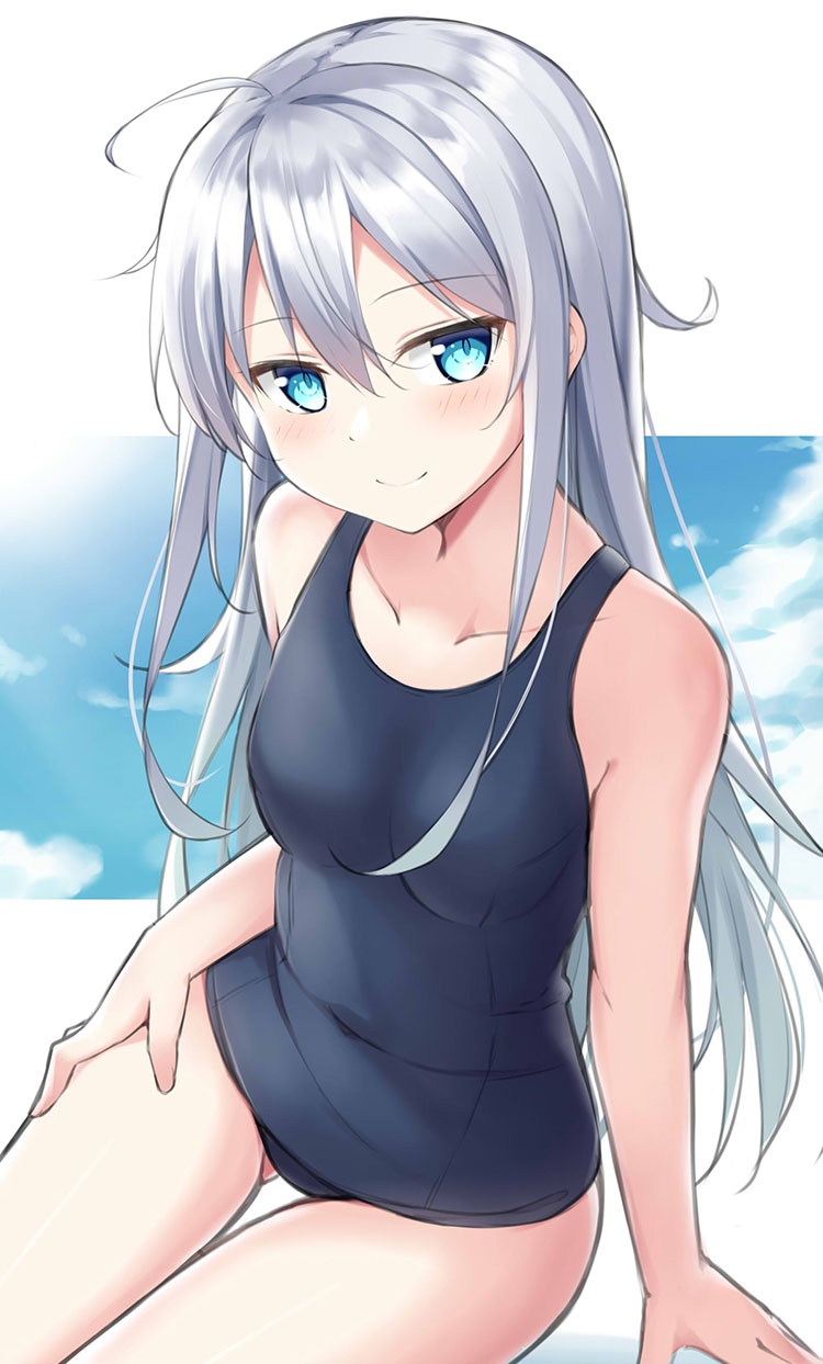 1girl ass_visible_through_thighs bangs bare_shoulders blue_eyes blue_sky blue_swimsuit blush breasts clouds collarbone commentary_request covered_navel eyebrows_visible_through_hair hair_between_eyes hibiki_(kantai_collection) highres kantai_collection kohakope long_hair looking_at_viewer old_school_swimsuit one-piece_swimsuit school_swimsuit silver_hair sitting sky small_breasts smile solo swimsuit