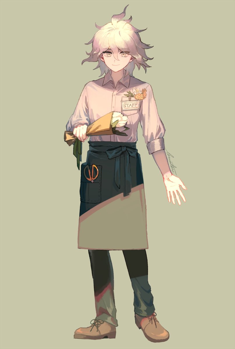 1boy alternate_costume antenna_hair apron bangs black_ribbon bouquet breast_pocket brown_footwear brown_pants closed_mouth collared_shirt commentary dangan_ronpa eyebrows_visible_through_hair flower full_body green_apron green_background grey_eyes hair_between_eyes heel_up highres holding holding_bouquet komaeda_nagito lemontea looking_at_viewer male_focus medium_hair messy_hair orange_flower pants pocket ribbon scissors shirt shoes simple_background sleeves_folded_up solo standing super_dangan_ronpa_2 waist_apron white_flower white_hair white_shirt