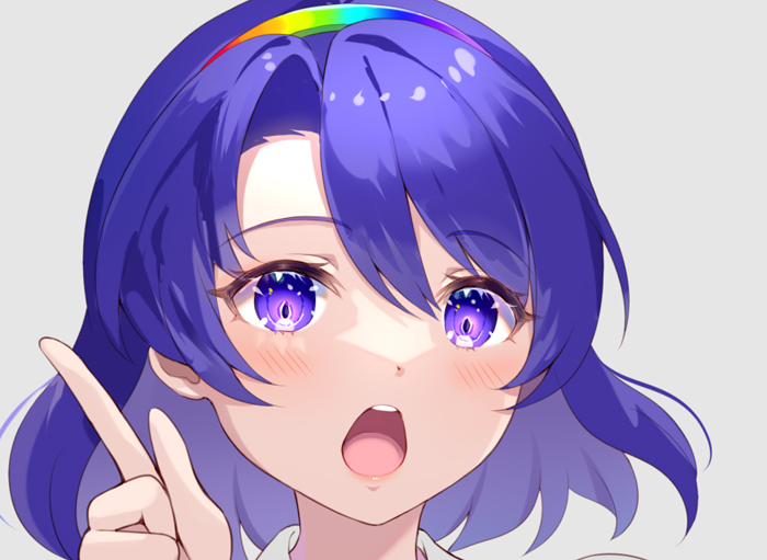 1girl 60mai blue_eyes blue_hair collar eyebrows_visible_through_hair looking_at_viewer multicolored_hairband open_mouth pointing pointing_up rainbow_gradient short_hair simple_background solo tenkyuu_chimata touhou white_background white_collar