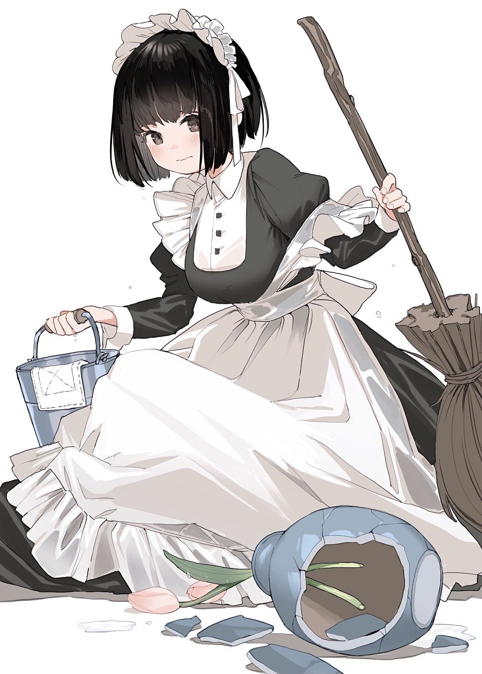 1girl apron bangs black_dress black_hair blush breasts broken broken_vase broom bucket closed_mouth collared_dress commentary_request commission dress flower frilled_hairband frills hairband highres holding holding_broom holding_bucket juliet_sleeves kneeling long_sleeves maid_apron medium_breasts meido-fuku_ga_mitai original puffy_sleeves short_hair simple_background skeb_commission solo tulip vase water white_background