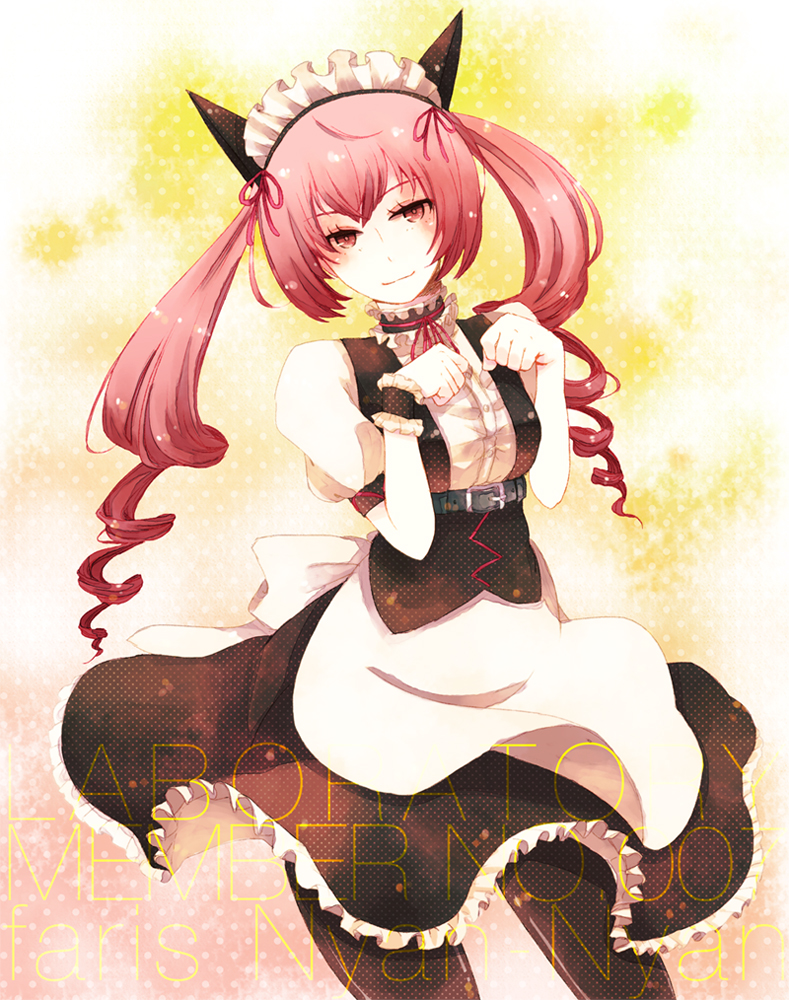 1girl akiha_rumiho animal_ears apron bangs belt belt_buckle black_legwear black_skirt buckle choker closed_mouth cowboy_shot dress_shirt fake_animal_ears floating_hair frilled_skirt frills grey_belt hair_between_eyes hair_ribbon koike_(coikekke) long_hair looking_at_viewer maid_headdress neck_ribbon pantyhose paw_pose pink_eyes pink_hair red_ribbon ribbon shiny shiny_hair shirt short_sleeves skirt smile solo standing steins;gate twintails waist_apron white_apron white_background white_shirt