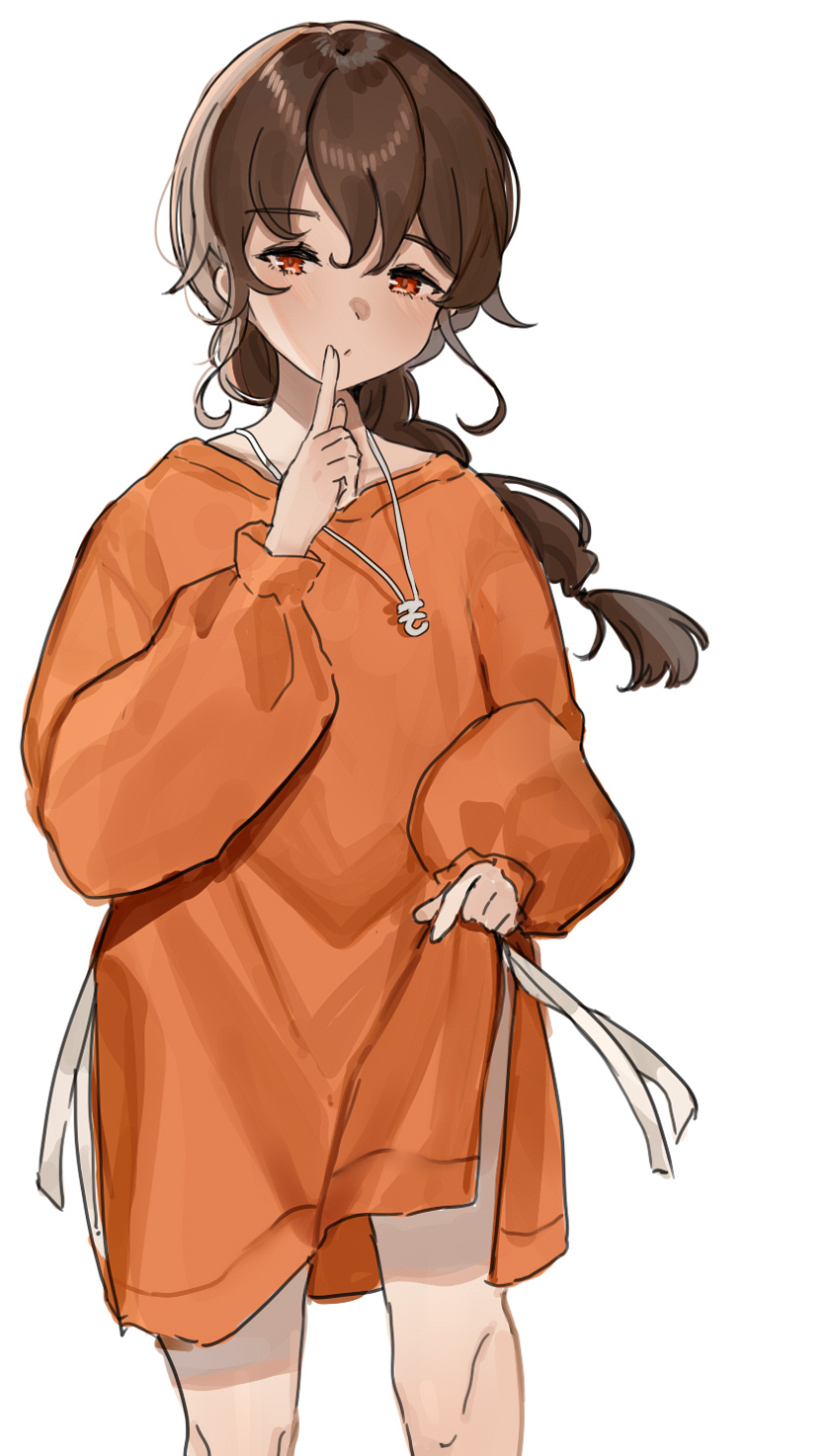 1girl braid brown_hair commentary_request cowboy_shot dress highres index_finger_raised jewelry kantai_collection kaomoji_(sagor00237) long_hair long_sleeves necklace official_alternate_costume orange_dress orange_eyes simple_background single_braid skirt_hold solo souya_(kancolle) sweater sweater_dress white_background