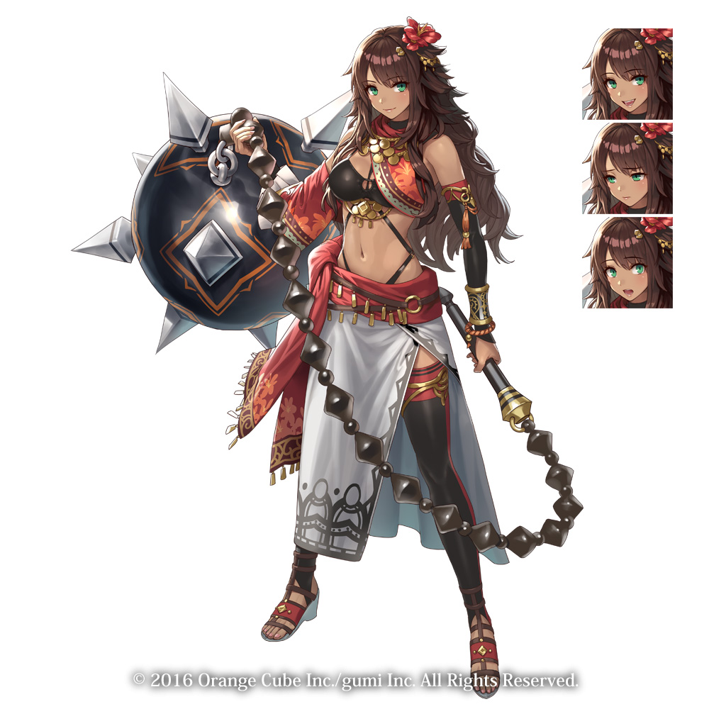 1girl :d :o aqua_eyes asymmetrical_sleeves ball_and_chain bikini bikini_under_clothes black_bikini black_legwear black_sleeves blush bracelet breasts brown_hair character_request commentary_request crystal_of_re:union cuboon dark_skin detached_sleeves expressions flail flower hair_flower hair_ornament holding holding_weapon huge_weapon jewelry long_hair looking_at_viewer medium_breasts midriff morning_star navel official_art open_mouth panties red_sleeves sandals side-tie_panties smile solo spike_ball swimsuit underwear watermark wavy_hair weapon white_background white_loincloth