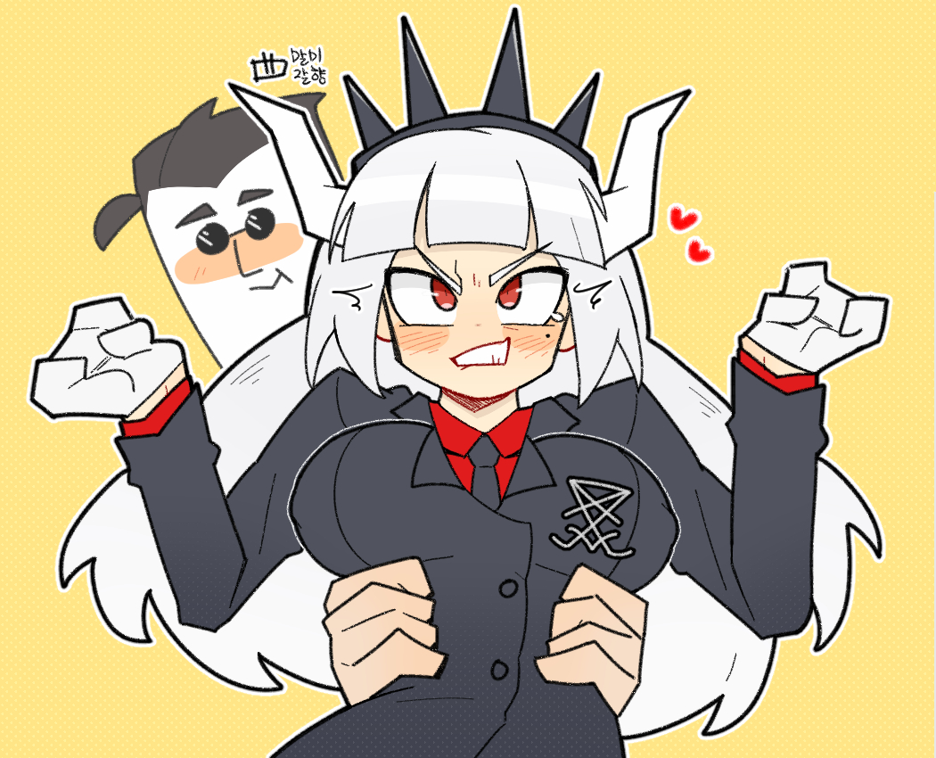 1boy 1girl :t anger_vein angry arms_around_waist black_hair black_suit blush clenched_teeth demon_girl demon_horns embarrassed fang formal gloves hands_up heart heart_in_mouth helltaker helltaker_(character) horns hug hug_from_behind lucifer_(helltaker) malmijal_hyang mole mole_under_eye open_mouth outline red_eyes red_shirt shirt short_hair signature simple_background skin_fang steam sunglasses teeth white_gloves white_hair white_horns white_outline yellow_background