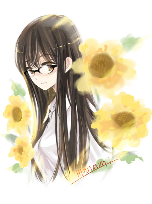 1girl bangs black-framed_eyewear black_hair breasts brown_eyes collared_shirt commentary_request cropped_torso eyebrows_visible_through_hair flower from_side glasses himawari-san himawari-san_(character) light_smile long_hair looking_at_viewer medium_breasts object_namesake shirt signature smile solo sugano_manami sunflower white_background white_shirt