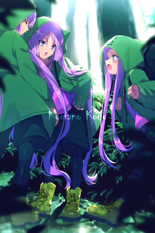 backpack bag bangs blush boots breasts cis05 closed_mouth euryale fate/grand_order fate/hollow_ataraxia fate_(series) forest glasses green_footwear green_jacket green_shorts hood hooded_jacket jacket long_braid long_hair long_sleeves medusa_(lancer)_(fate) nature open_mouth pantyhose purple_hair rider shorts siblings sidelocks sisters small_breasts smile stheno tree twintails under_the_same_sky very_long_hair violet_eyes younger