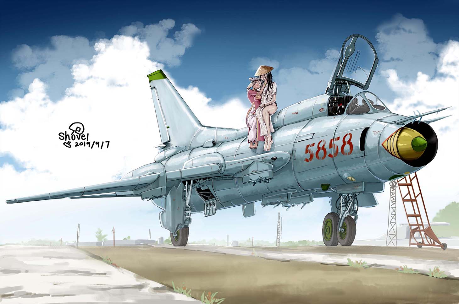aircraft airplane ajirogasa barefoot black_hair clouds day dress fighter_jet hanbok hand_on_another's_face hat jet korean_clothes ladder long_hair military military_vehicle multiple_girls original runway signature sky su-22 vietnam vietnamese_clothes vietnamese_dress yuri