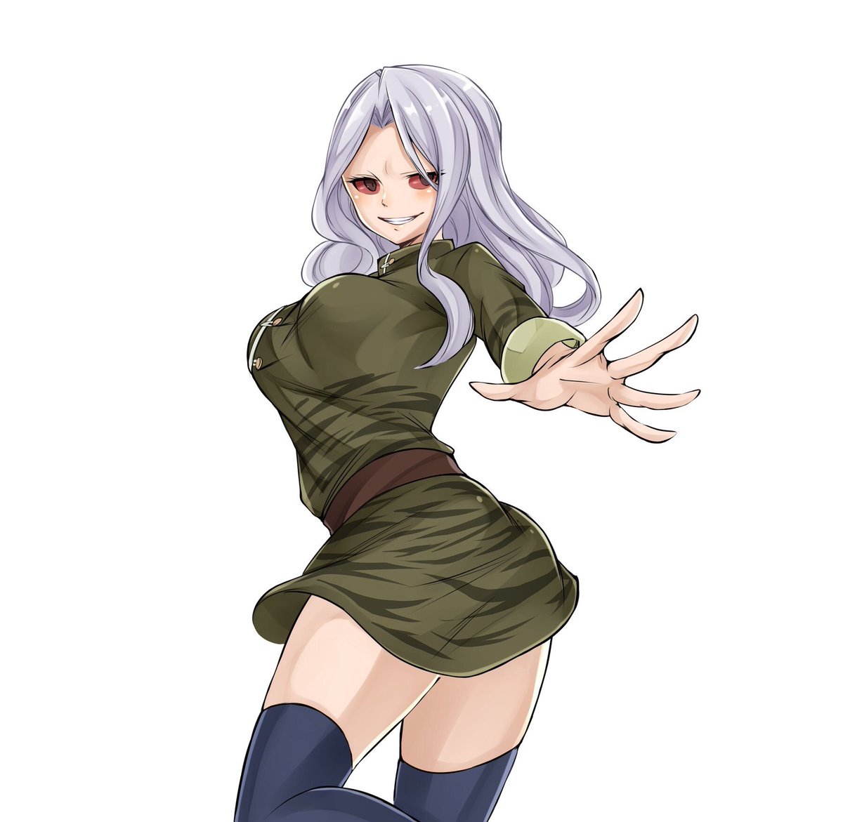 1girl belt blue_legwear brown_belt chage_00 fairy_tail floating_hair from_side genderswap genderswap_(mtf) green_jacket green_skirt grin hair_intakes jacket long_hair long_sleeves looking_at_viewer miniskirt outstretched_hand red_sclera shiny shiny_hair silver_hair simple_background skirt smile solo standing standing_on_one_leg thigh-highs white_background zero_(fairy_tail) zettai_ryouiki