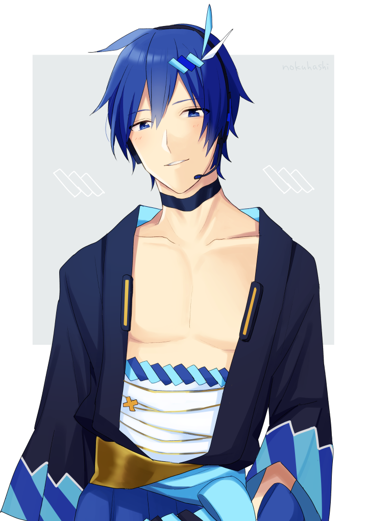 1boy blue_eyes blue_hair blue_robe commentary grey_background hair_ornament headset kaito magical_mirai_(vocaloid) male_focus nokuhashi open_clothes open_shirt parted_lips sarashi smile upper_body vocaloid