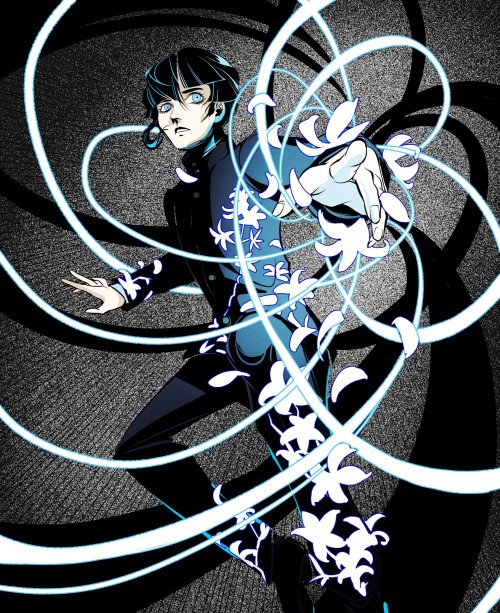 1other ambiguous_gender asymmetrical_bangs asymmetrical_hair bangs black_hair blue_eyes bowl_cut eyebrows eyelashes floral_print gakuran looking_at_viewer magic outstretched_arms outstretched_hand reaching_out school_uniform shin_megami_tensei shin_megami_tensei_v short_hair simple_background solo undead-cypress