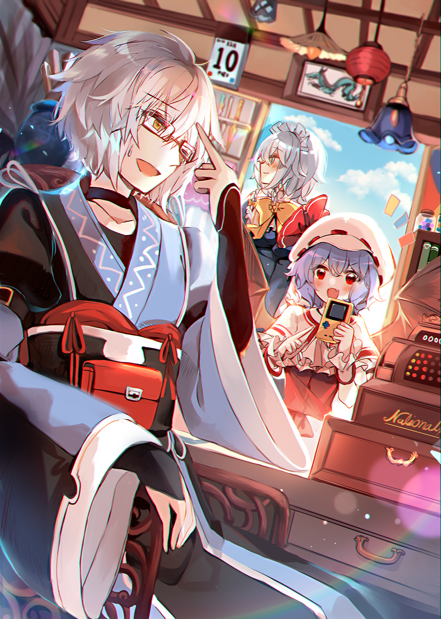 1boy 2girls alternate_costume blue_eyes blue_sky bow bowtie closed_mouth clouds commentary_request day eyebrows_visible_through_hair fangs glasses grey_hair hair_between_eyes hair_bow hat hat_ribbon highres holding index_finger_raised indoors izayoi_sakuya kirero kourindou lavender_hair long_sleeves mob_cap morichika_rinnosuke multiple_girls one_eye_closed profile red_eyes red_ribbon remilia_scarlet ribbon ribbon-trimmed_headwear ribbon_trim shiny shiny_hair short_hair silver_hair sitting sky tagme touhou white_neckwear wide_sleeves yellow_bow yellow_neckwear
