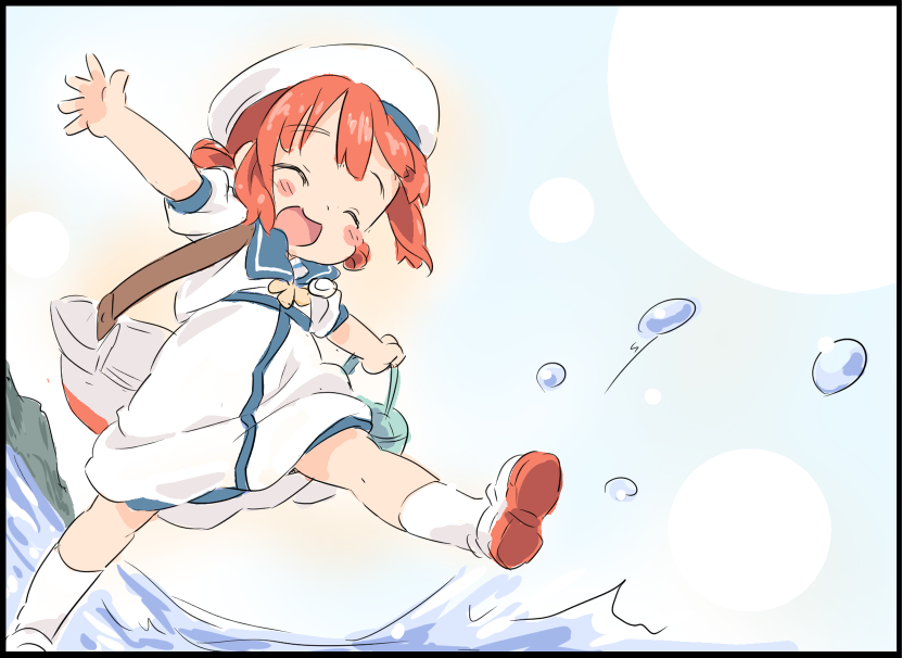 1girl black_border blush border child closed_eyes dress ham_(points) hat holding kaiboukan_no.4_(kantai_collection) kantai_collection kicking kneehighs open_mouth redhead sailor_collar sailor_dress sailor_hat short_hair short_sidetail short_sleeves solo water white_dress white_headwear white_legwear