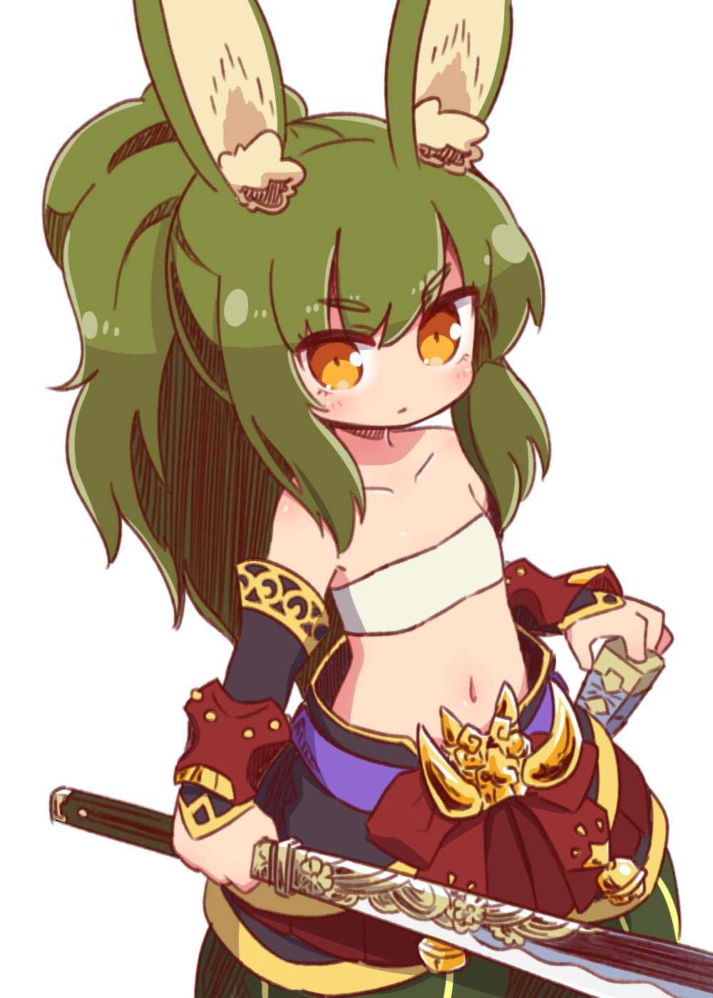 1girl animal_ear_fluff animal_ears bandeau bangs bell blush brown_eyes closed_mouth eyebrows_visible_through_hair green_hair green_pants hair_between_eyes highres holding holding_sword holding_weapon jingle_bell long_hair looking_at_viewer masurao_(sekaiju) naga_u navel pants ponytail rabbit_ears sekaiju_no_meikyuu sekaiju_no_meikyuu_5 simple_background solo sword unsheathed v-shaped_eyebrows vambraces very_long_hair weapon white_background white_bandeau