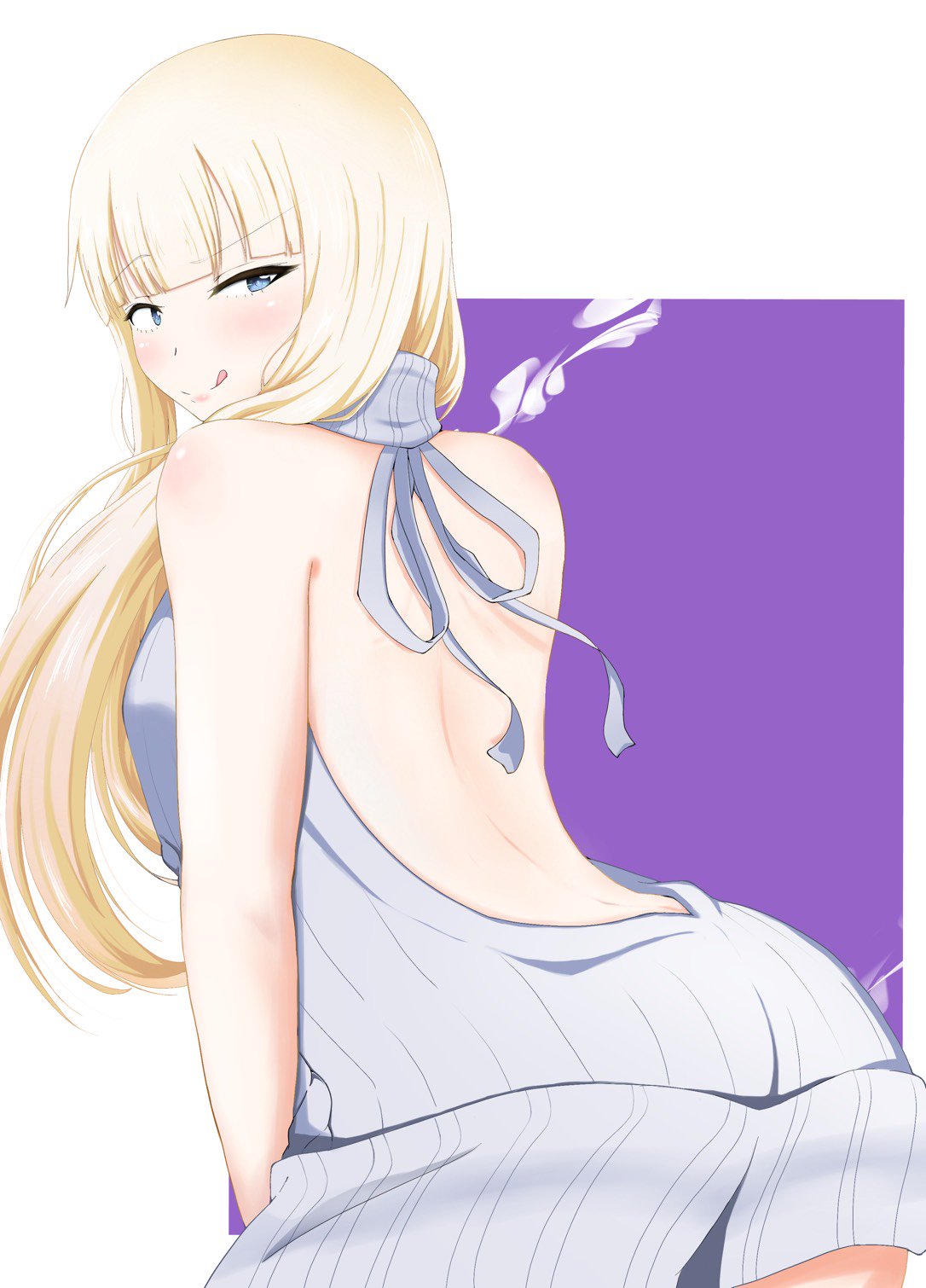 1girl backless_dress backless_outfit bangs bare_back bare_shoulders blonde_hair blue_eyes blunt_bangs breasts drawstring dress eyebrows_visible_through_hair from_behind grey_sweater highres katou_asuka light_blush long_hair looking_at_viewer looking_back medium_breasts meme_attire mochamillll naked_sweater purple_background raised_eyebrow ribbed_sweater sleeveless sleeveless_turtleneck solo standing sweater sweater_dress tongue tongue_out turtleneck turtleneck_sweater two-tone_background virgin_killer_sweater watashi_ga_motenai_no_wa_dou_kangaetemo_omaera_ga_warui! white_background