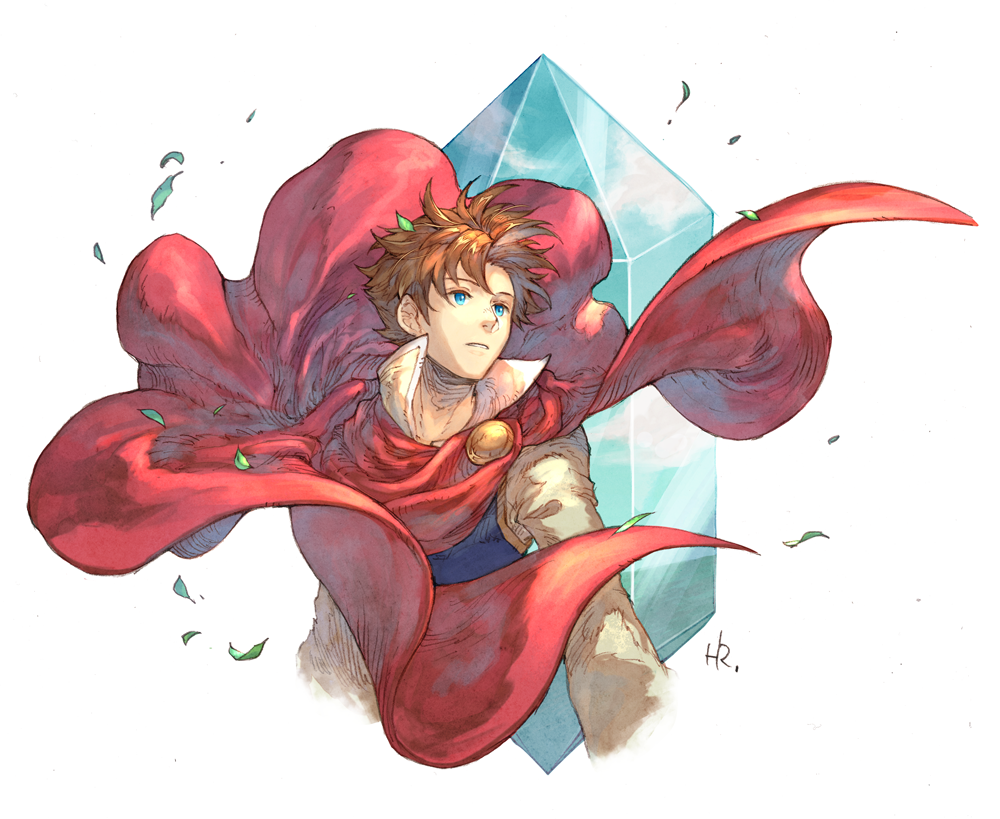 1boy blue_cape blue_eyes blue_tunic brown_hair butz_klauser cape crystal final_fantasy final_fantasy_v grass hashibi_rokou looking_afar open_mouth signature simple_background solo white_background wind wind_lift