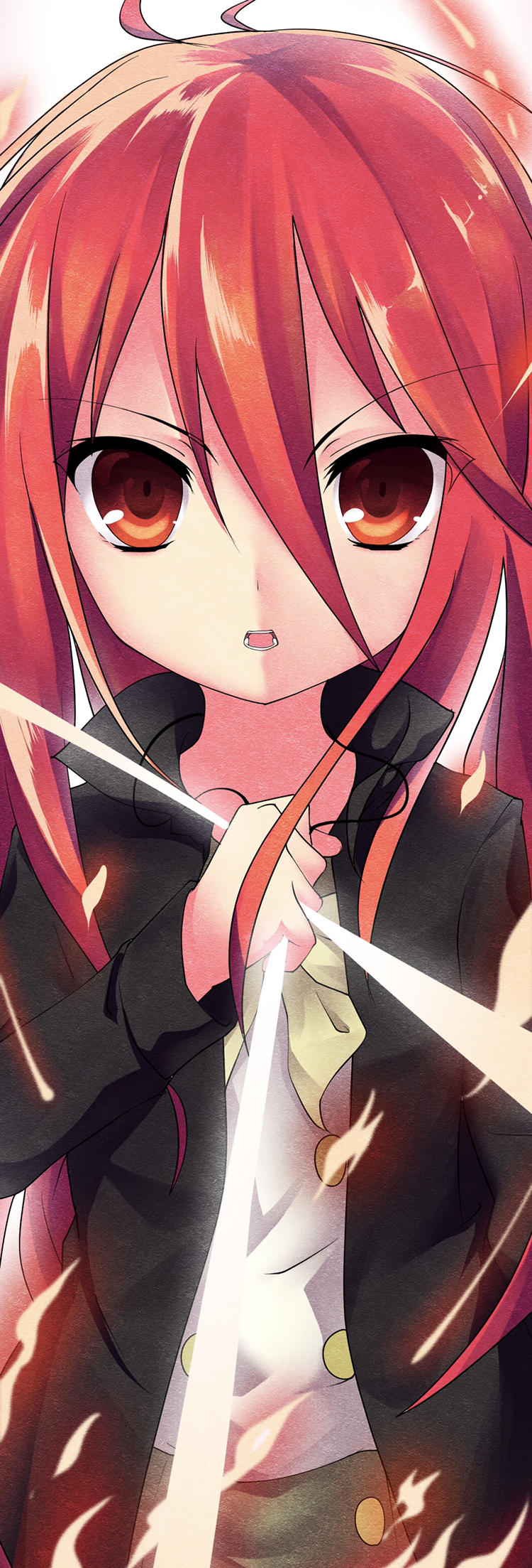 1girl alastor_(shakugan_no_shana) bangs black_coat coat hair_between_eyes highres holding jewelry long_hair long_sleeves looking_at_viewer necklace open_clothes open_coat open_mouth red_eyes redhead shakugan_no_shana shana shiny shiny_hair shirt solo straight_hair th-asary800 upper_body very_long_hair white_shirt yellow_neckwear