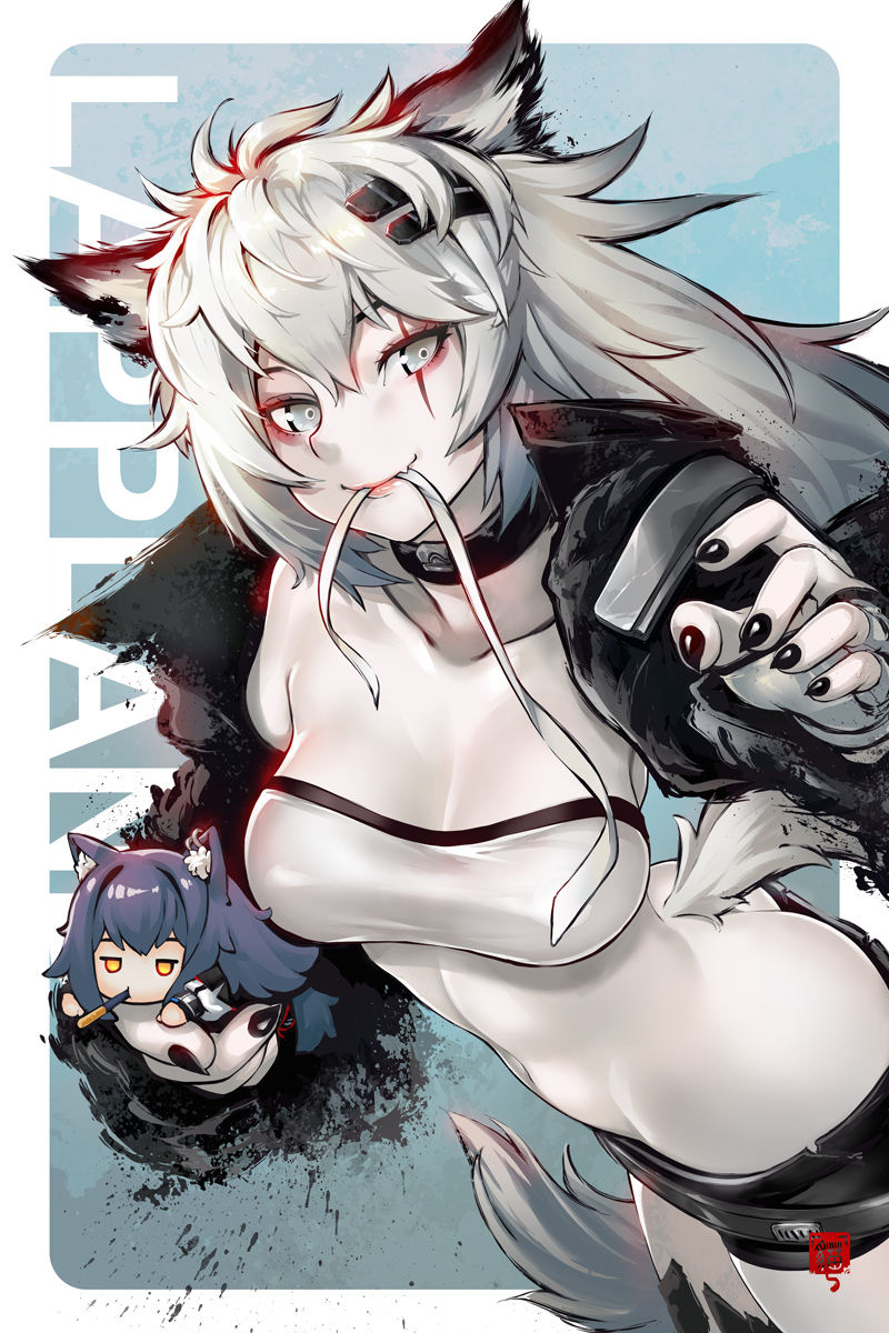 animal_ear_fluff animal_ears arknights bandeau black_jacket black_nails black_shorts choker grey_eyes hair_ornament hairclip highres jacket lappland_(arknights) robot_cat scar scar_across_eye shorts strapless tail texas_(arknights) tubetop wolf_ears wolf_tail