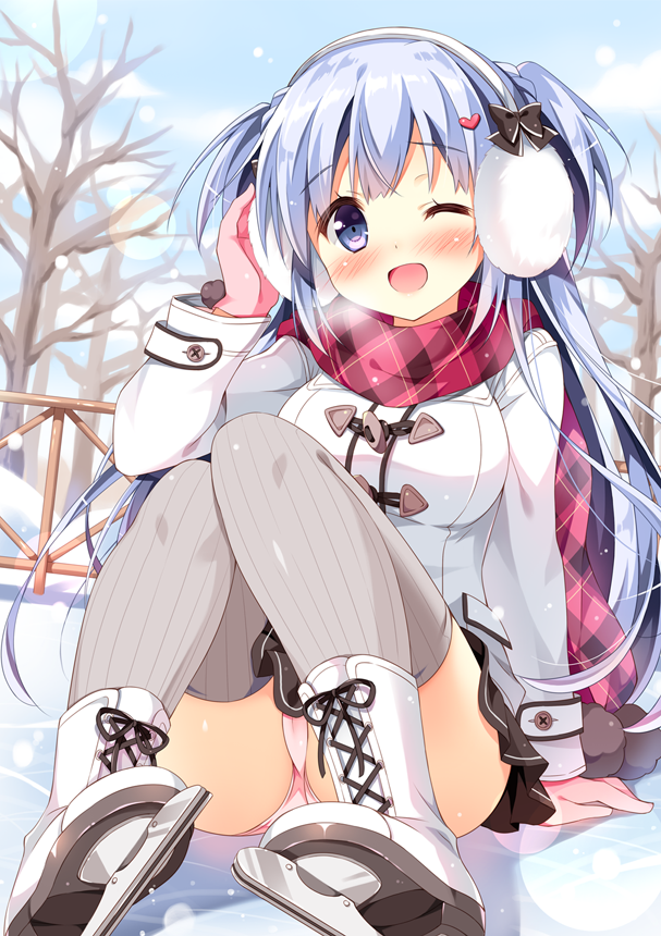 1girl ;d arm_support bangs bare_tree black_bow black_skirt blue_eyes blue_hair blurry blush bokeh boots bow breasts breath coat commentary_request cross-laced_footwear depth_of_field earmuffs gloves grey_legwear hair_bow hair_ornament head_tilt heart heart_hair_ornament ice ice_skates ice_skating lace-up_boots long_hair long_sleeves looking_at_viewer medium_breasts miniskirt one_eye_closed open_mouth original outdoors pan_(mimi) panties pantyshot photoshop_(medium) pink_gloves pink_panties plaid plaid_scarf pom_pom_(clothes) railing ribbed_legwear scarf sitting skates skating skirt smile snow snowing solo thigh-highs tree two_side_up underwear upskirt very_long_hair white_footwear winter