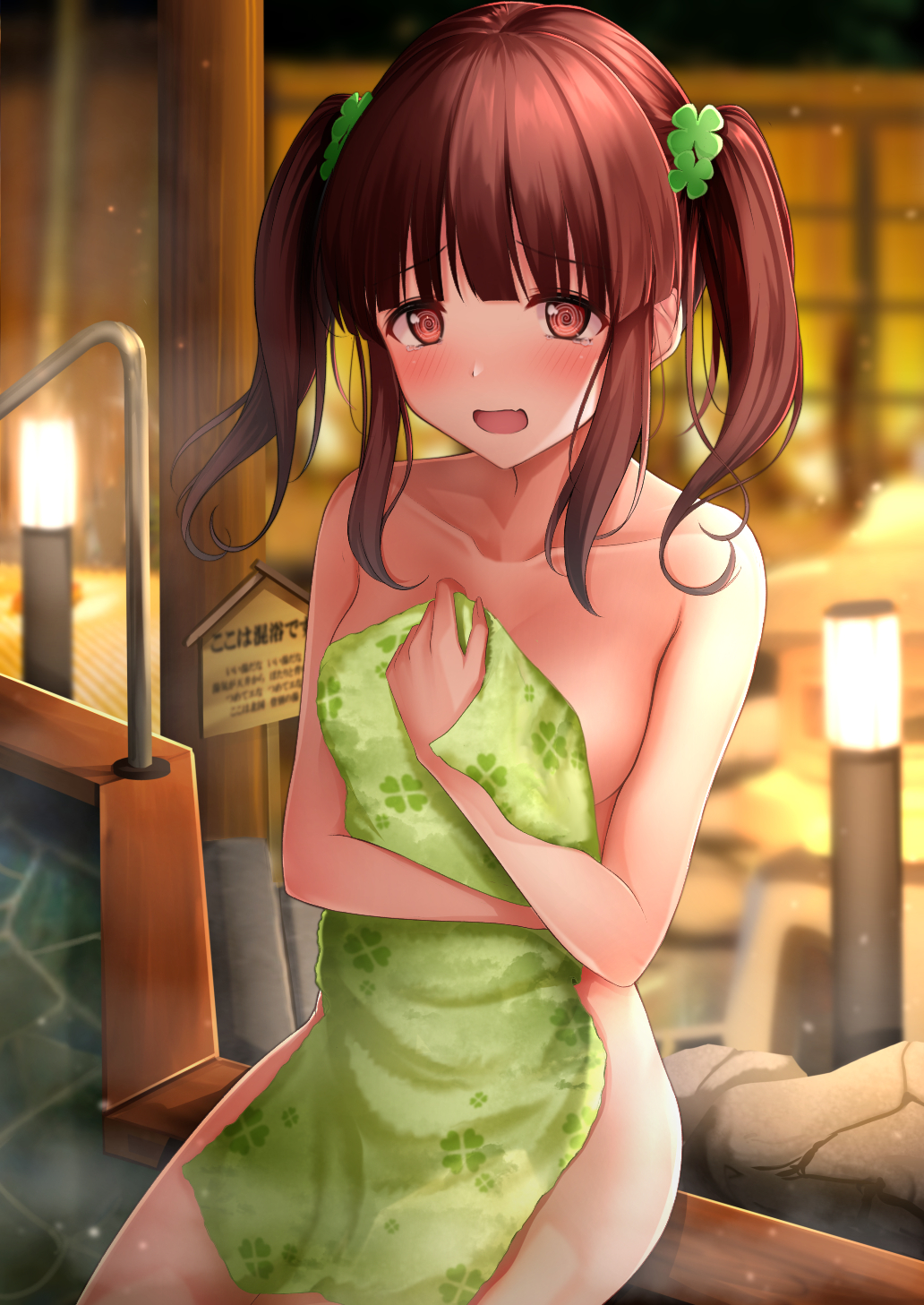1girl bangs blunt_bangs blush brown_eyes brown_hair clover clover_hair_ornament collarbone covering embarrassed four-leaf_clover four-leaf_clover_hair_ornament green_towel hair_ornament highres holding holding_towel idolmaster idolmaster_cinderella_girls karu_(qqqtyann) long_hair looking_at_viewer naked_towel nude_cover ogata_chieri onsen open_mouth solo towel twintails
