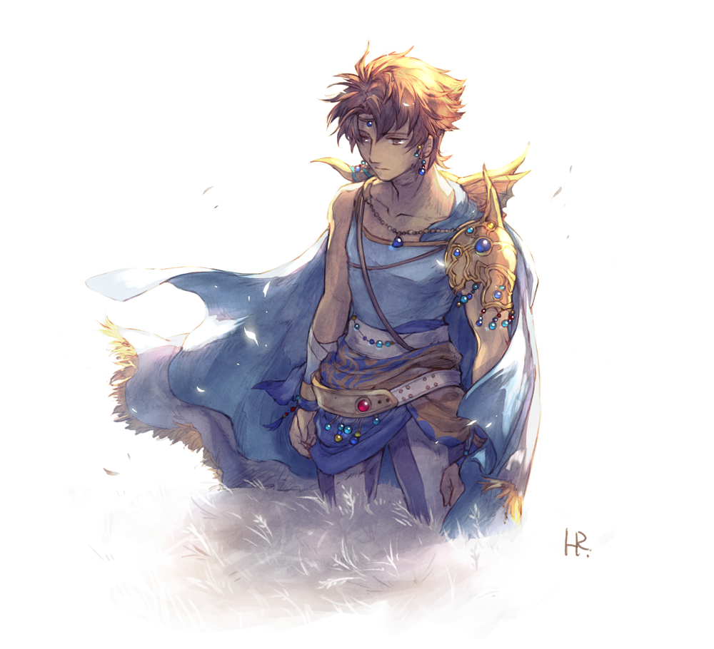 1boy alternate_costume blue_cape brown_eyes brown_hair butz_klauser cape collarbone earrings field final_fantasy final_fantasy_v grass hashibi_rokou jewelry necklace sad shadow shoulder_armor signature solo sunlight wheat_field wind wind_lift