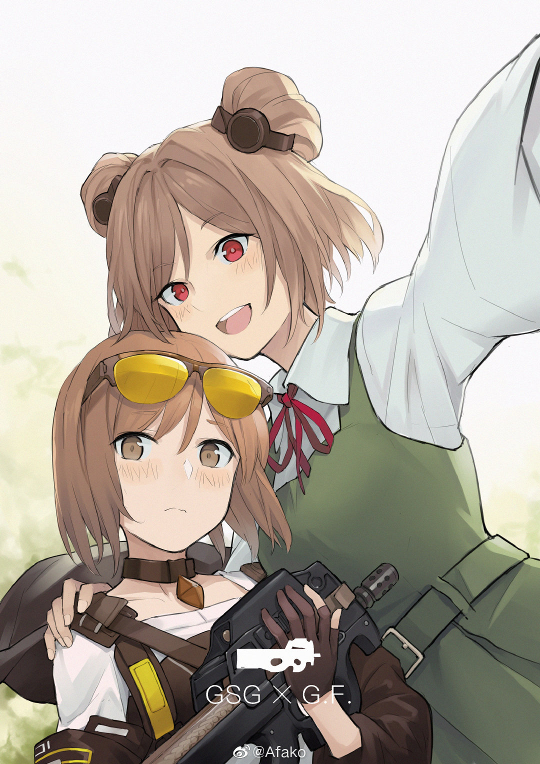 2girls artist_request blush cosplay costume_switch double_bun girls_frontline gunslinger_girl henrietta_(gunslinger_girl) henrietta_(gunslinger_girl)_(cosplay) highres light_brown_eyes light_brown_hair multiple_girls p90_(girls_frontline) p90_(girls_frontline)_(cosplay) red_eyes short_hair smile