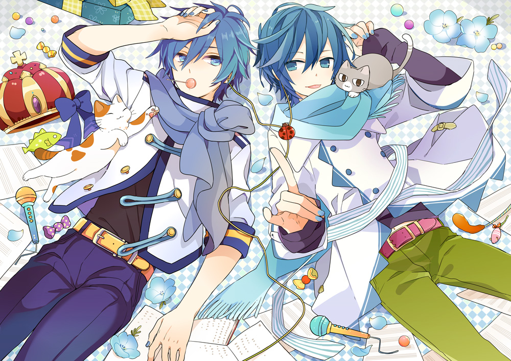 2boys akiyoshi_(tama-pete) blue_eyes blue_flower blue_hair blue_nails bow bowtie candy cat collaboration commentary crown eating fish flower food hand_on_own_head headphones jacket kaito lollipop lying male_focus microphone mouth_hold multiple_boys nail_polish scarf sheet_music short_hair striped vocaloid yoshiki