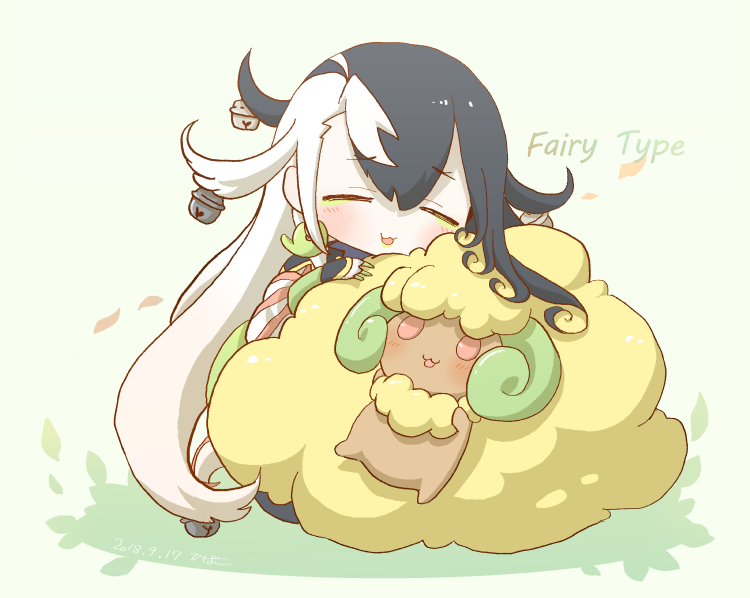 1boy androgynous ashiya_douman_(fate/grand_order) asymmetrical_hair bell black_hair blush brown_fur chibi closed_eyes crossover curly_hair earrings eyebrows_visible_through_hair fate/grand_order fate_(series) fingernails gen_5_pokemon green_background green_eyeshadow green_lipstick green_nails horns hug japanese_clothes jewelry jingle_bell leaf leaves_in_wind lipstick magatama magatama_earrings makeup o0hibako0o pokemon pokemon_(creature) red_eyes ribbed_sleeves sharp_fingernails simple_background smile whimsicott white_hair wool