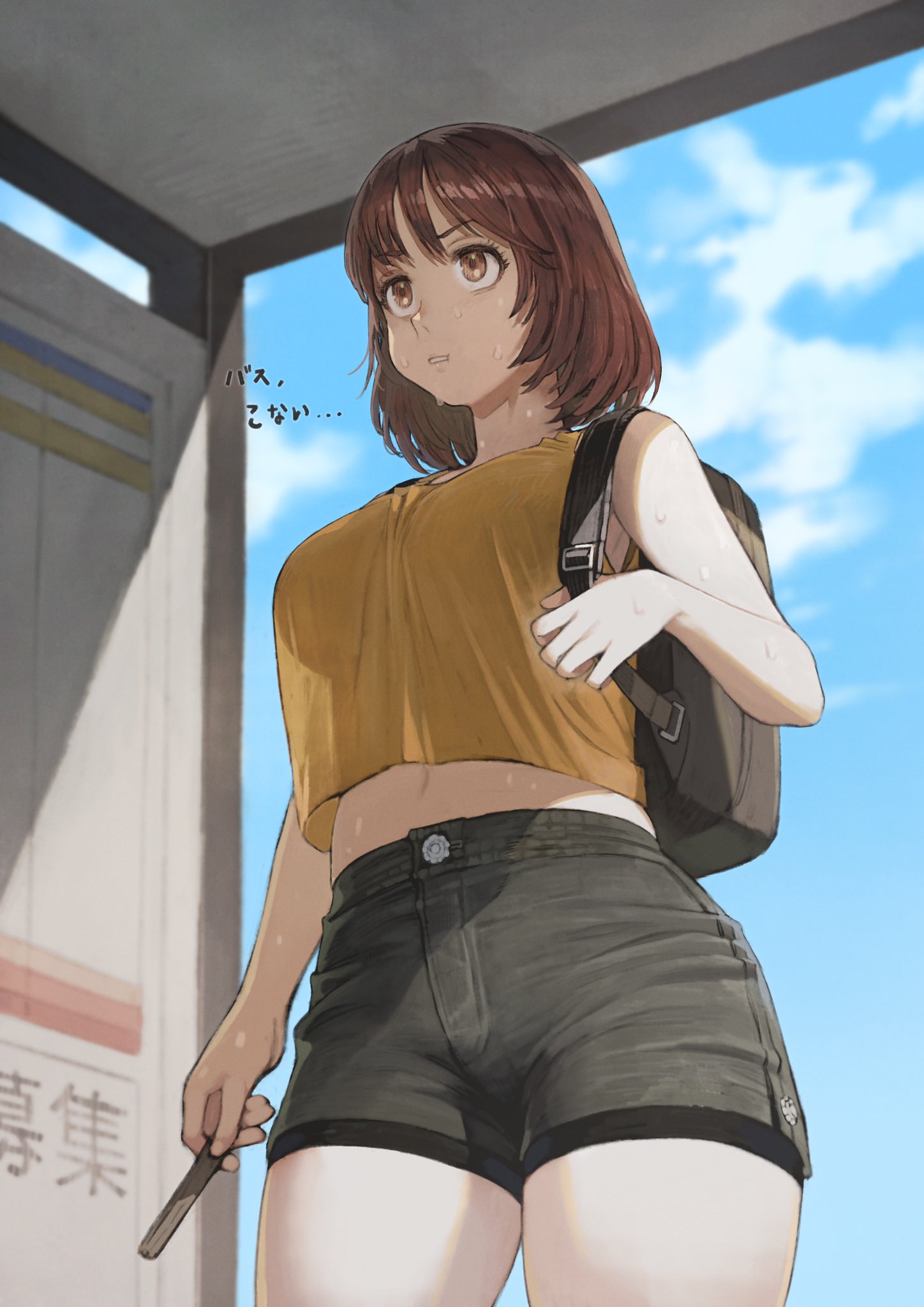 1girl backpack bag bare_shoulders black_backpack black_shorts bob_cut breasts brown_eyes brown_hair cowboy_shot denim denim_shorts full_mouth highres holding_strap jun_(seojh1029) large_breasts looking_ahead midriff navel original popsicle_stick see-through_silhouette shirt short_hair shorts sky solo sweat thick_thighs thighs yellow_shirt