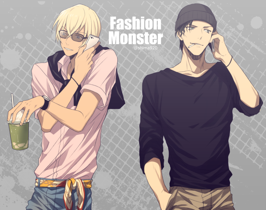 2boys akai_shuuichi amuro_tooru argyle argyle_background beanie black_hair black_headwear black_shirt blonde_hair blue_eyes blue_pants brown_pants cellphone cigarette collared_shirt commentary_request cup dark_skin dark_skinned_male disposable_cup drinking_straw english_text grey_background hair_between_eyes hand_in_pocket hat holding holding_cup holding_phone jacket jacket_on_shoulders male_focus mashima_shima meitantei_conan mouth_hold multiple_boys pants phone pink_shirt shirt smartphone smile standing sunglasses talking_on_phone twitter_username upper_body watch watch