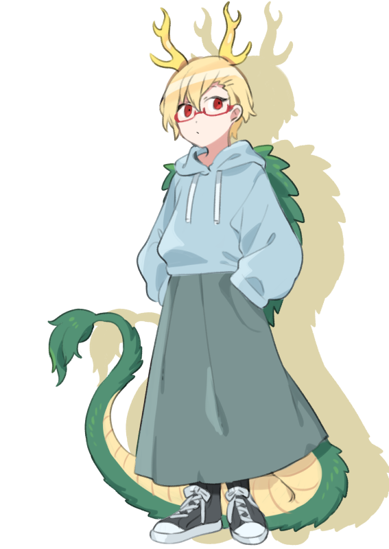 1girl akagashi_hagane bespectacled blonde_hair blue_hoodie blue_skirt contemporary dragon_horns dragon_tail drawstring glasses hands_in_pockets hood hoodie horns kicchou_yachie long_sleeves red-framed_eyewear red_eyes semi-rimless_eyewear shoes short_hair sketch skirt sneakers solo tail touhou turtle_shell under-rim_eyewear white_background